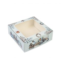 Коробка для десертів з віконцем блакитна Зимові пейзажі 20х20х7 см