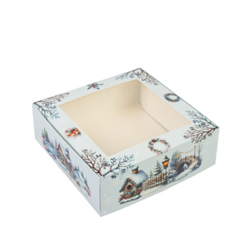 Коробка для десертов с окошком голубая Зимние пейзажи 20х20х7 см