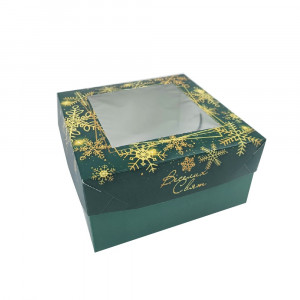 Коробка з віконцем для капкейків, десертів, бенто 17х17х9 см Темно-зелена Веселих свят