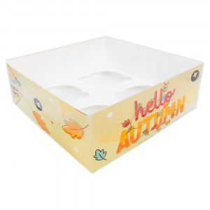 Коробка с прозрачной крышкой Hello Autumn на 4 капкейка оранжевая 16х16х8 см