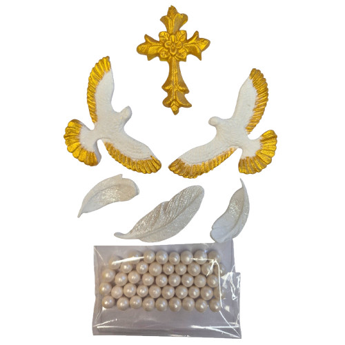 Набор сахарных украшений Золотой крестик и голуби с посыпкой