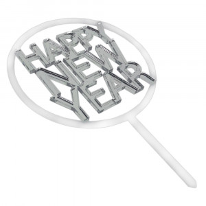 Зеркальный топпер круглый Happy New Year серебро