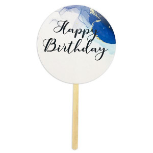 Картонный топпер круглый Happy Birthday небесный