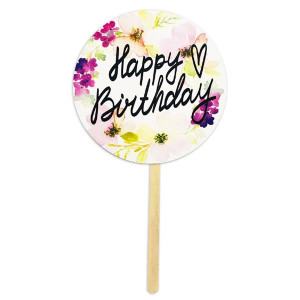 Картонный топпер круглый Happy Birthday цветочный